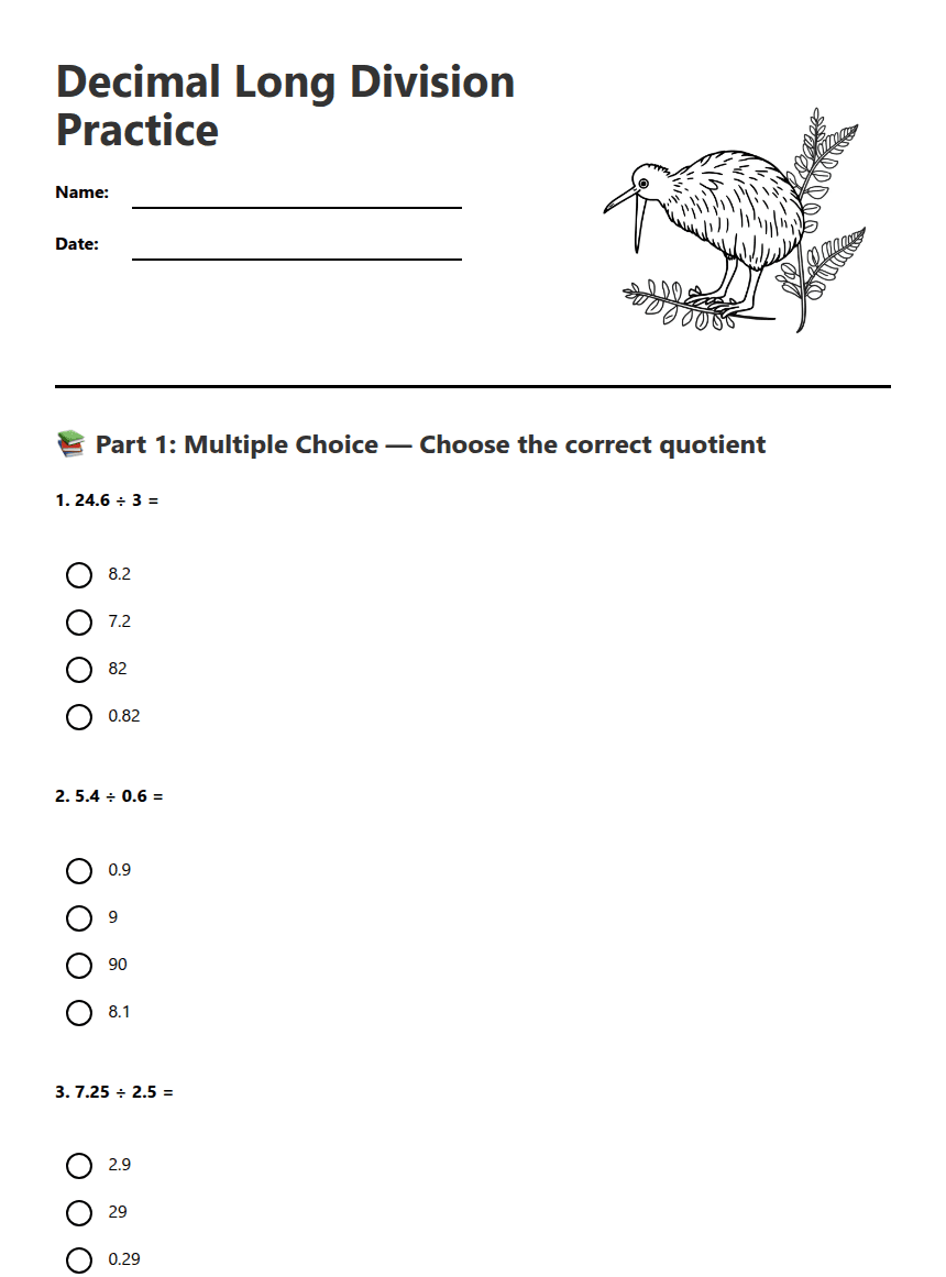 Decimal Long Division Practice worksheet preview