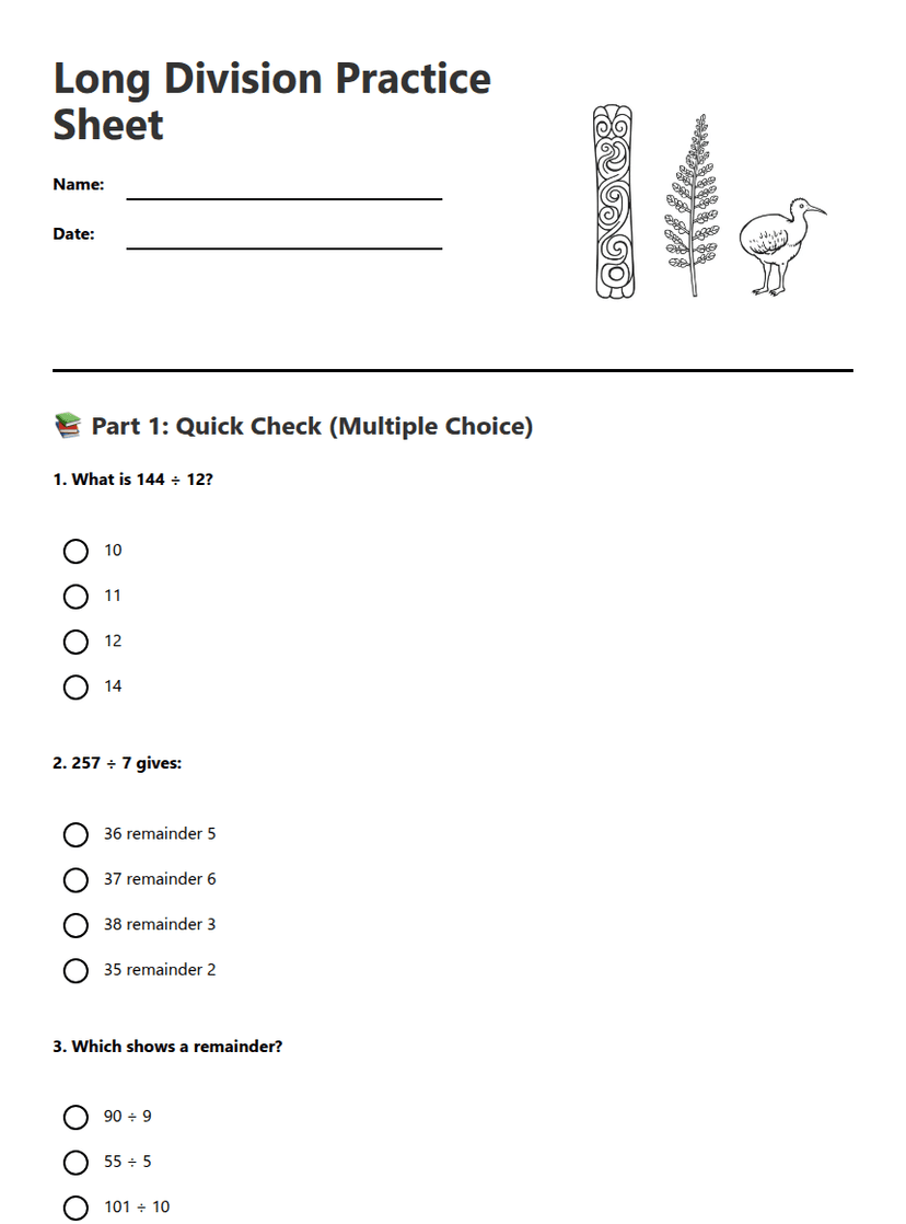 Long Division Practice Sheet