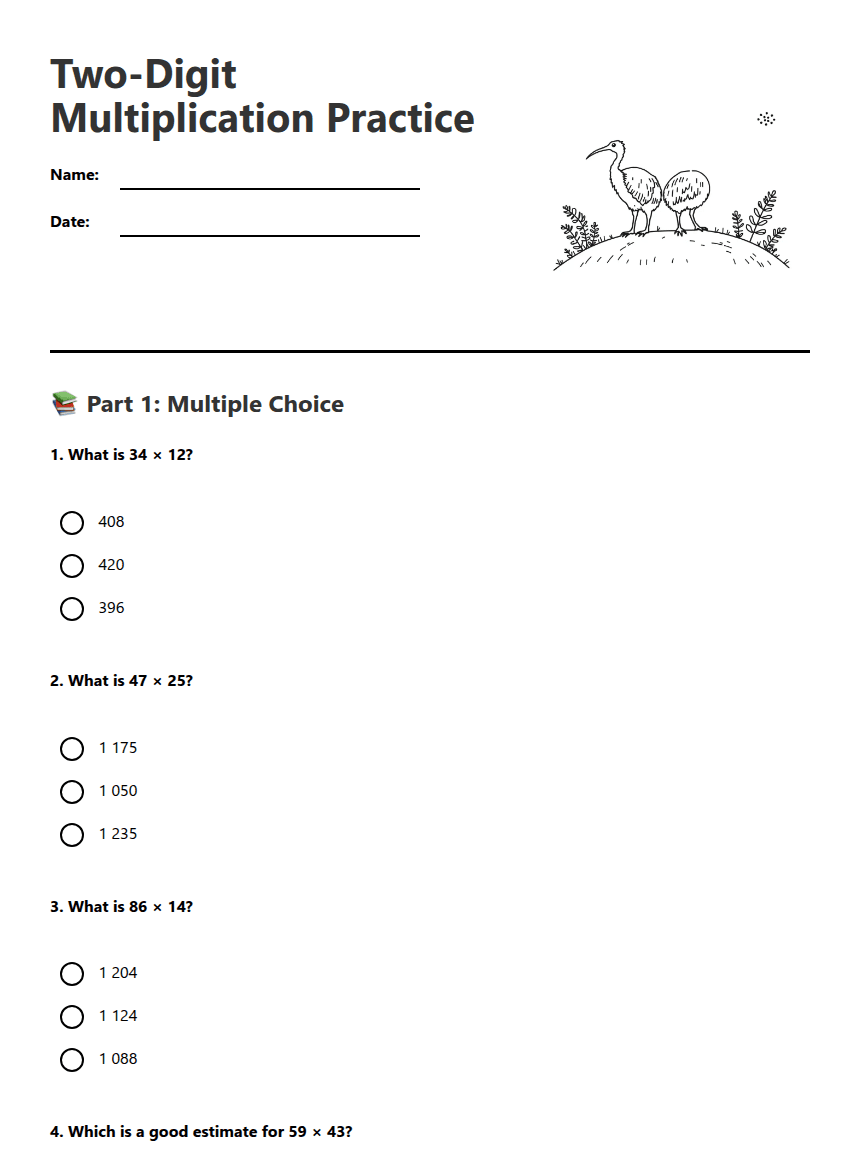 Two-Digit Multiplication Practice worksheet preview