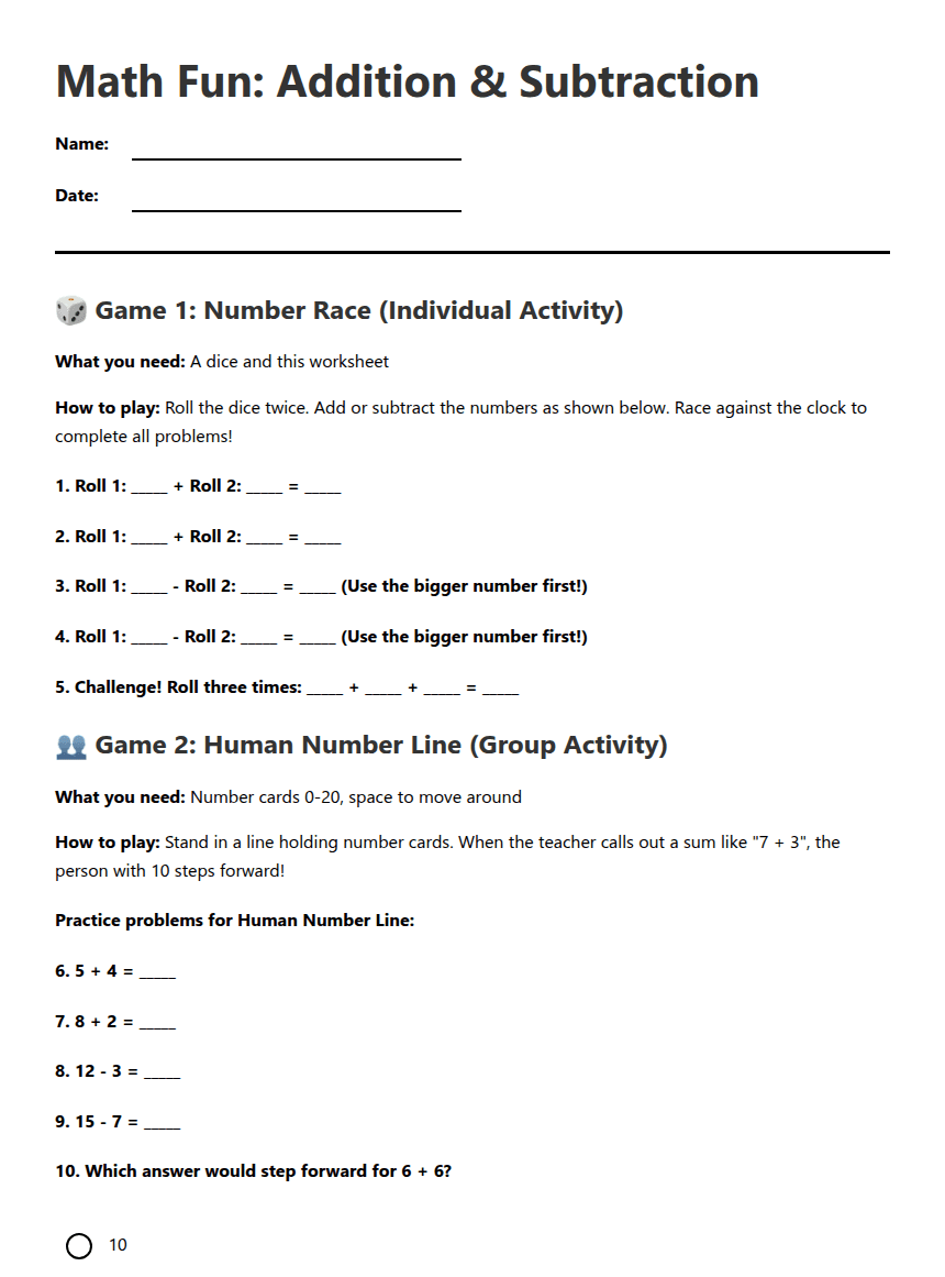 Math Fun: Addition & Subtraction worksheet preview