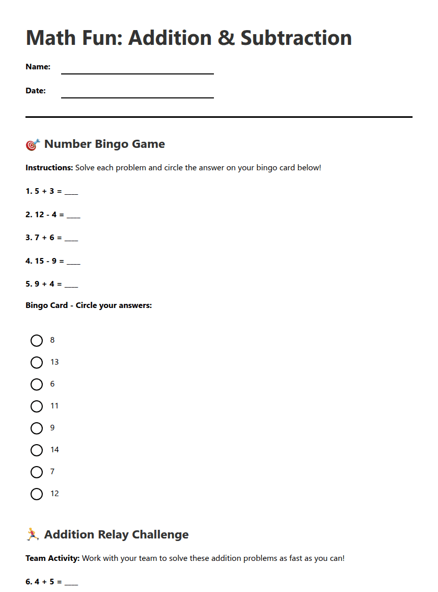 Math Fun: Addition & Subtraction worksheet preview