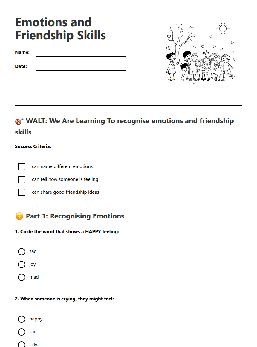 Emotions and Friendship Skills worksheet preview
