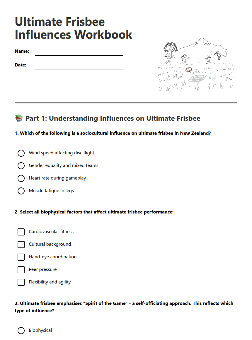 Ultimate Frisbee Influences Workbook worksheet preview