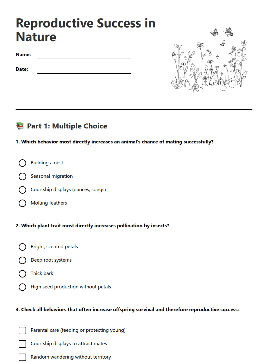 Reproductive Success in Nature worksheet preview