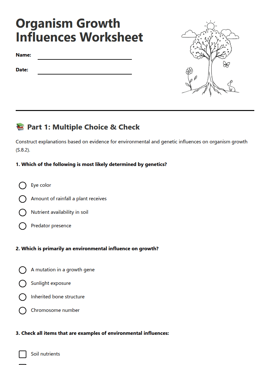 Organism Growth Influences Worksheet worksheet preview