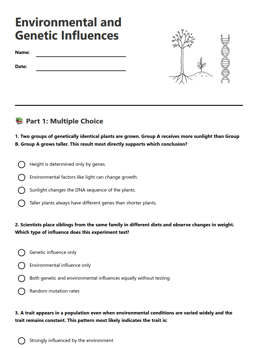 Environmental and Genetic Influences worksheet preview