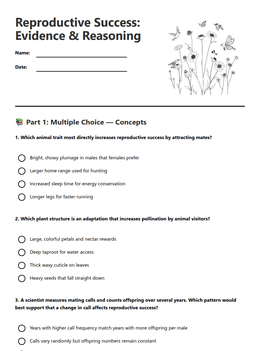 Reproductive Success: Evidence & Reasoning worksheet preview