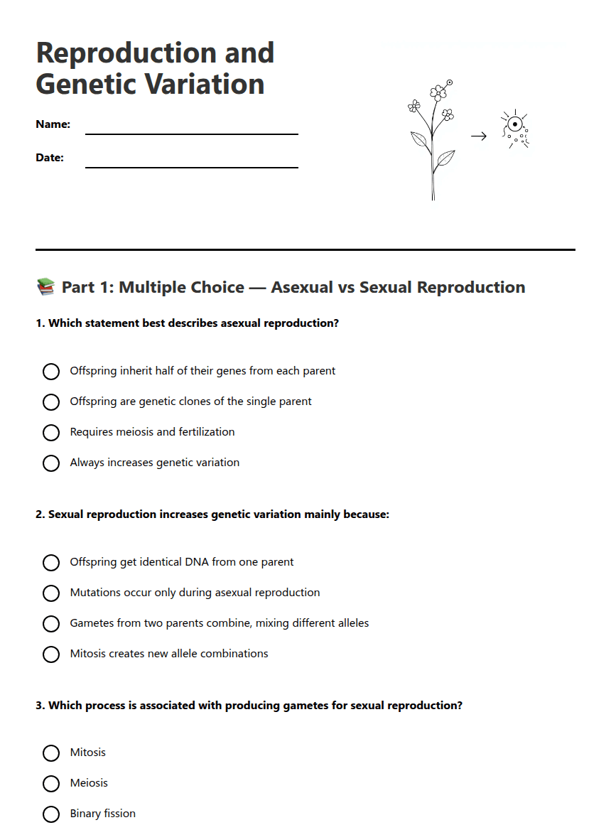 Reproduction and Genetic Variation worksheet preview