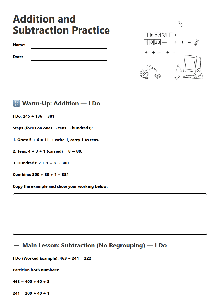Addition and Subtraction Practice worksheet preview