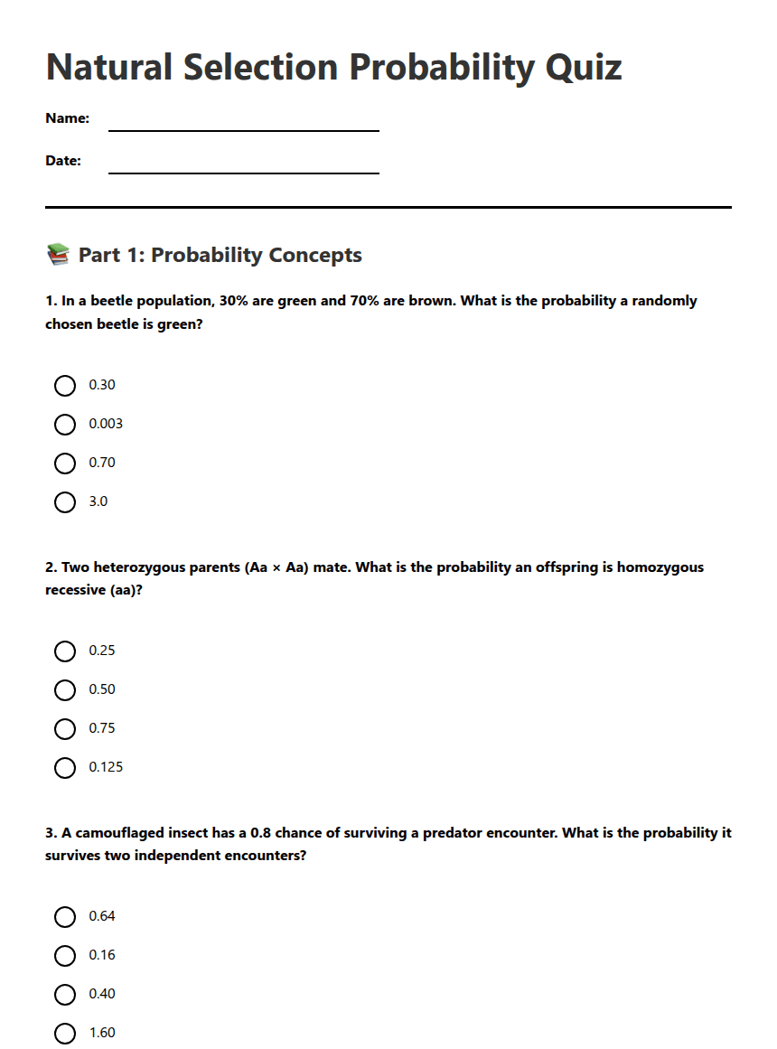 Natural Selection Probability Quiz worksheet preview