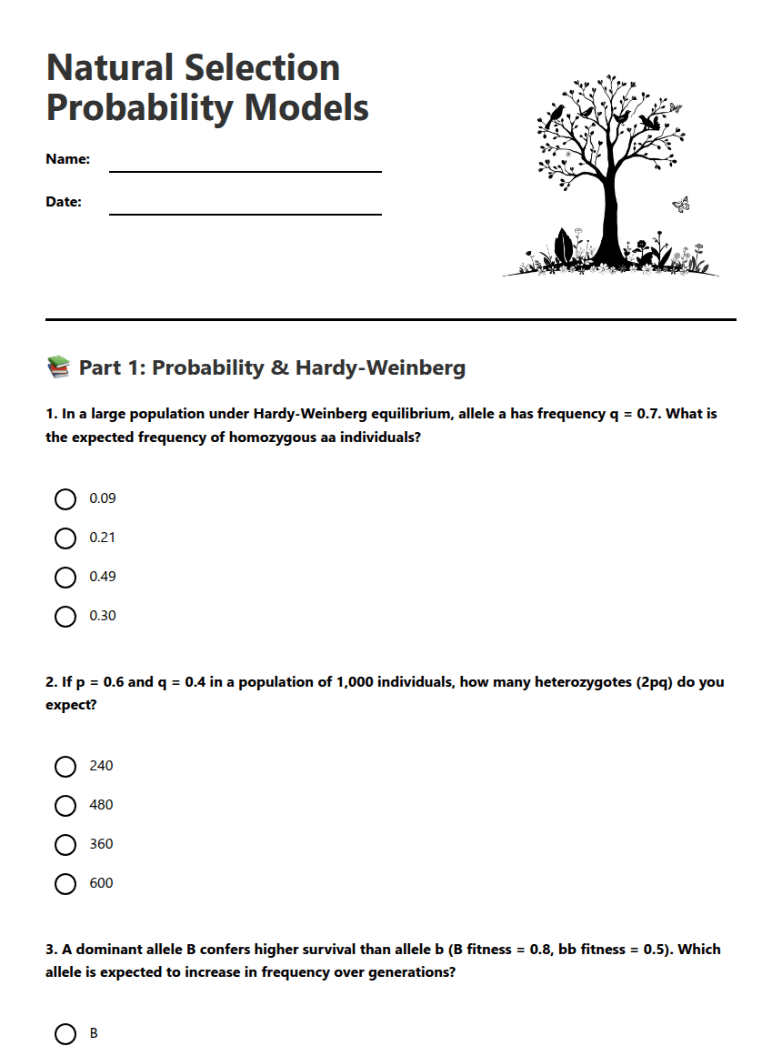 Natural Selection Probability Models worksheet preview