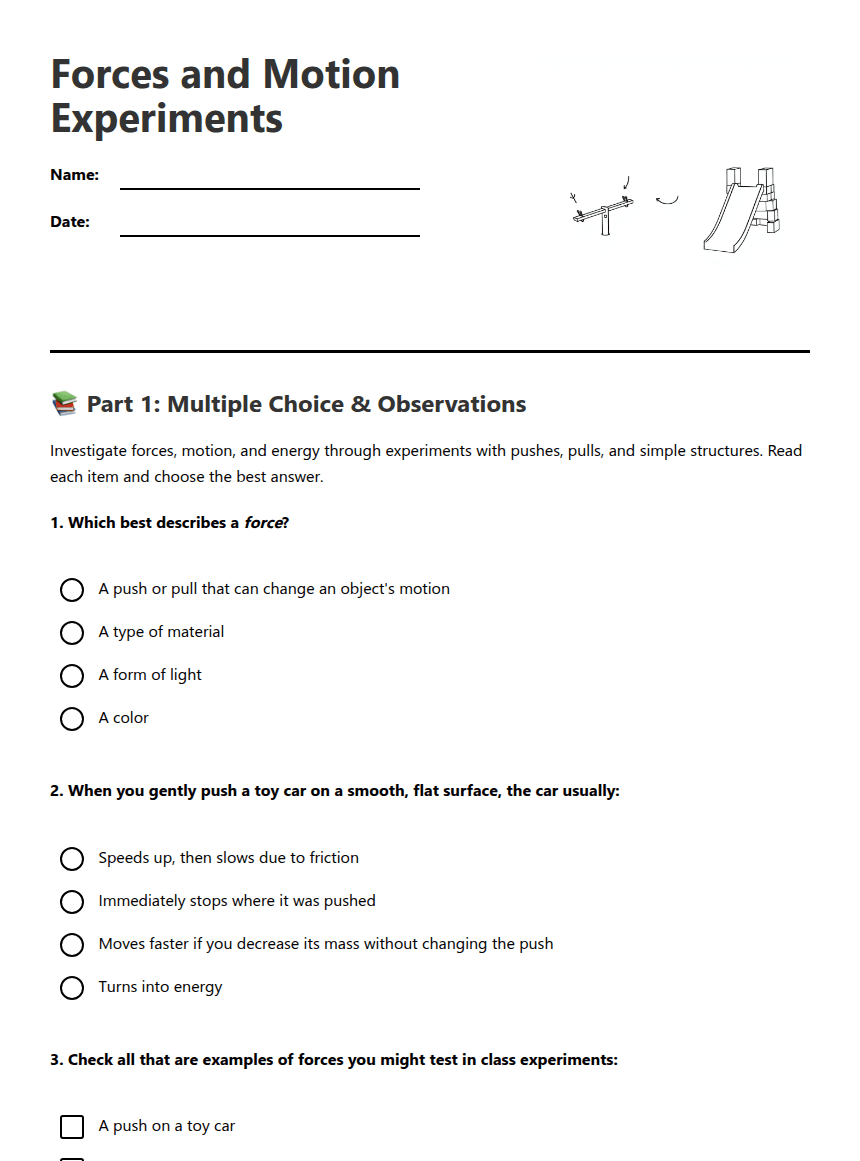 Forces and Motion Experiments worksheet preview