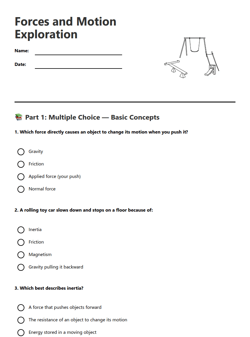 Forces and Motion Exploration worksheet preview