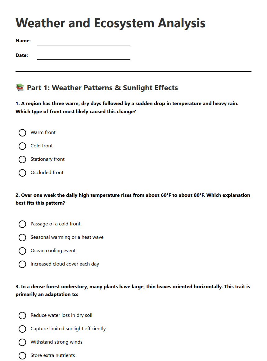 Weather and Ecosystem Analysis worksheet preview