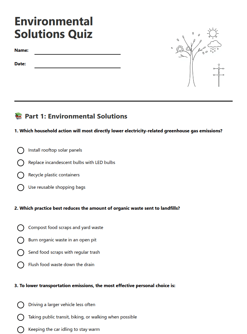 Environmental Solutions Quiz worksheet preview
