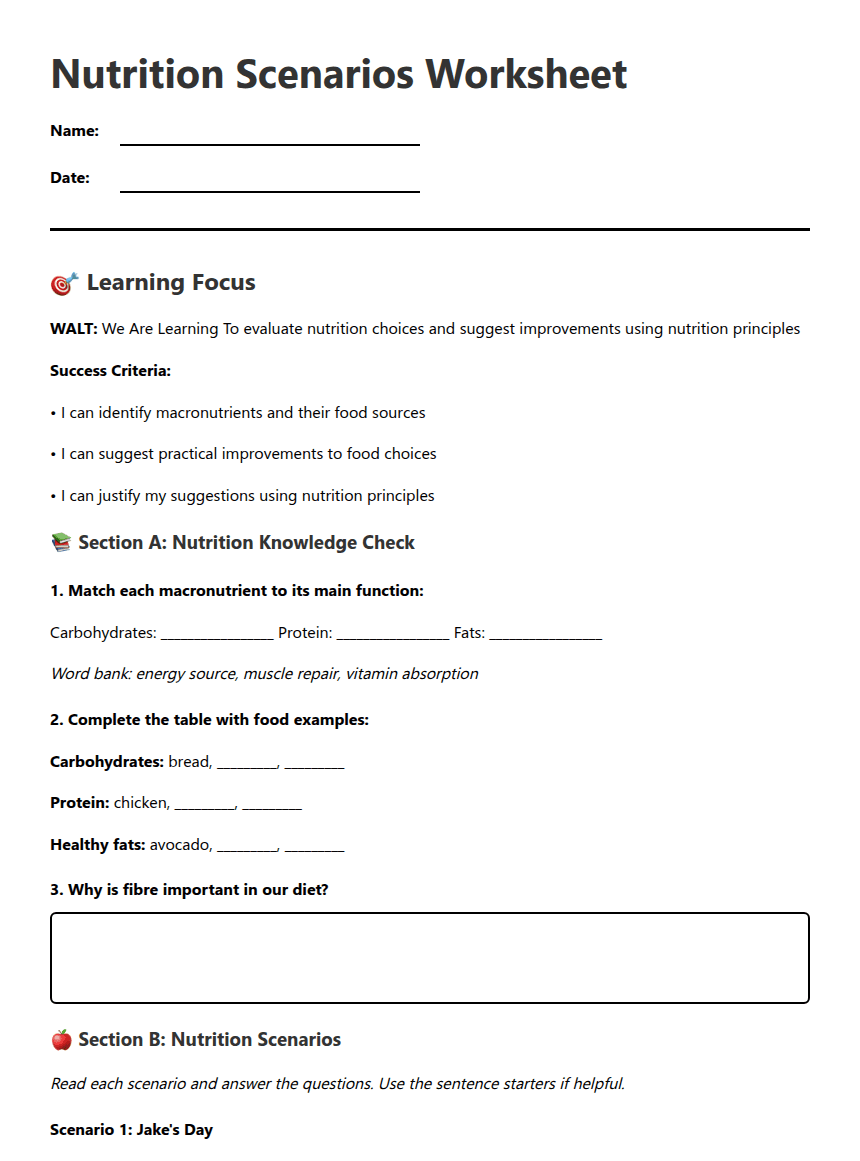 Nutrition Scenarios Worksheet worksheet preview