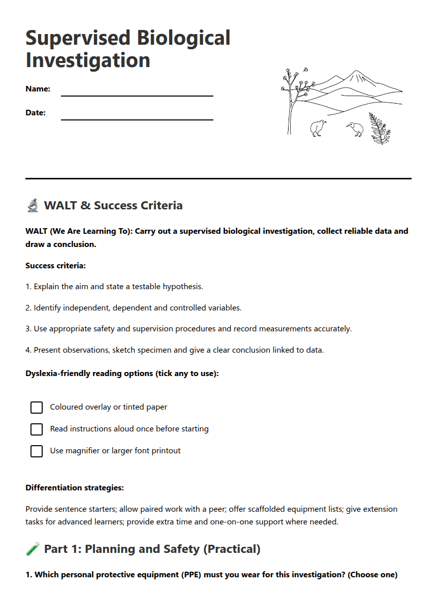 Supervised Biological Investigation worksheet preview