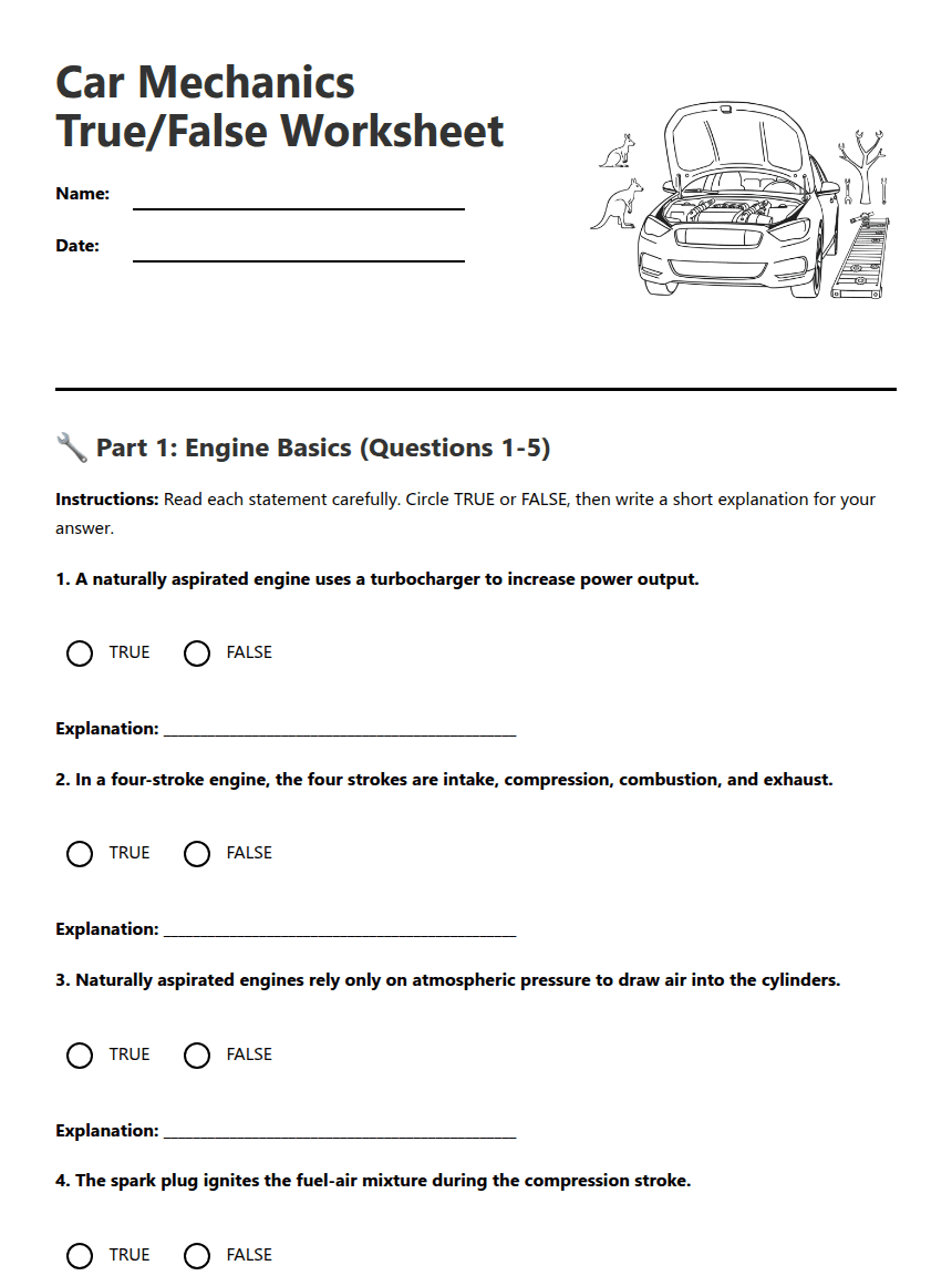Car Mechanics True/False Worksheet worksheet preview