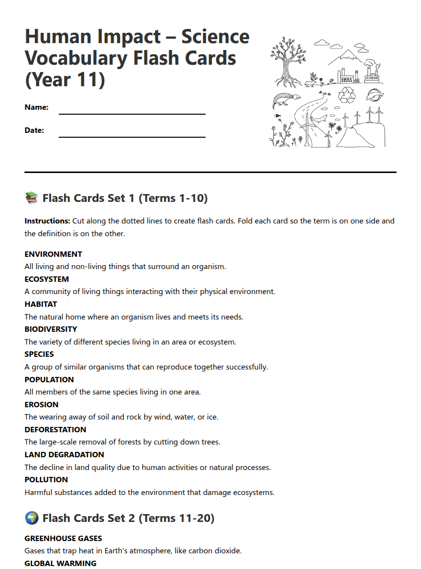 Human Impact Vocabulary Flash Cards worksheet preview