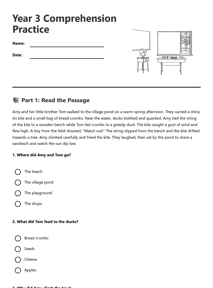 Year 3 Comprehension Practice worksheet preview