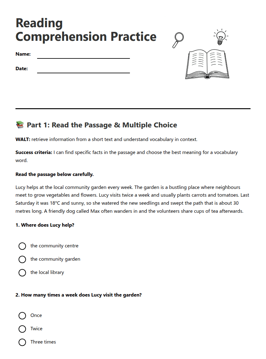Reading Comprehension Practice worksheet preview