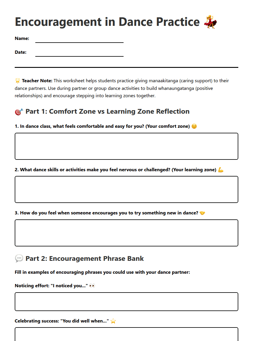 Encouragement in Dance Practice worksheet preview