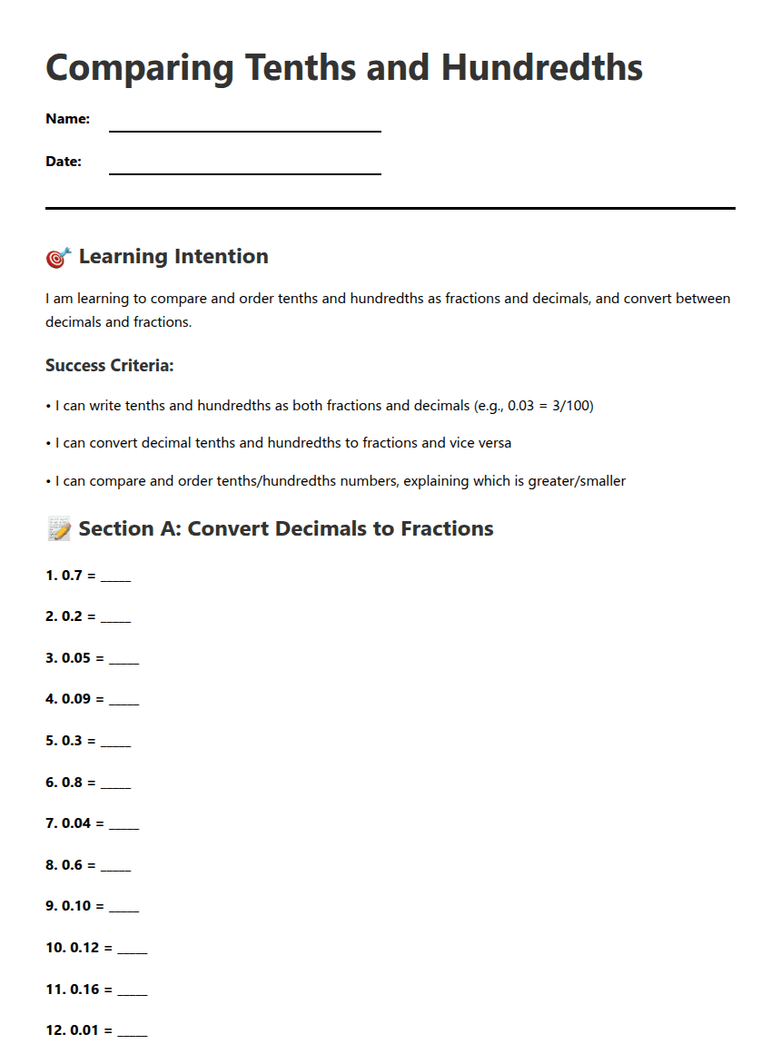 Comparing Tenths and Hundredths worksheet preview