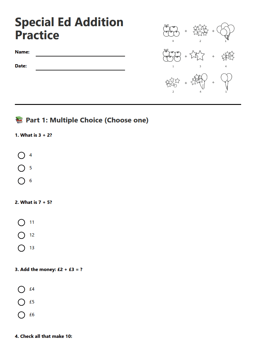 Special Ed Addition Practice worksheet preview