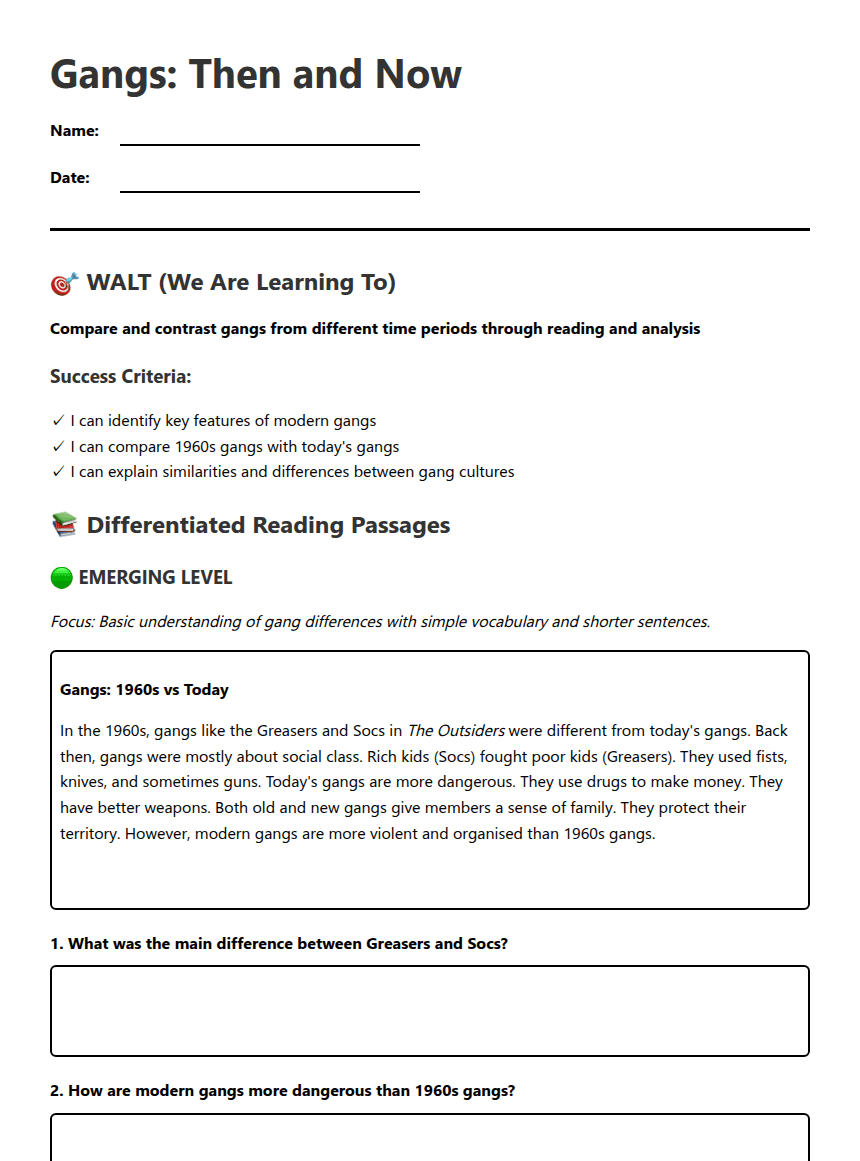 Gangs: Then and Now worksheet preview