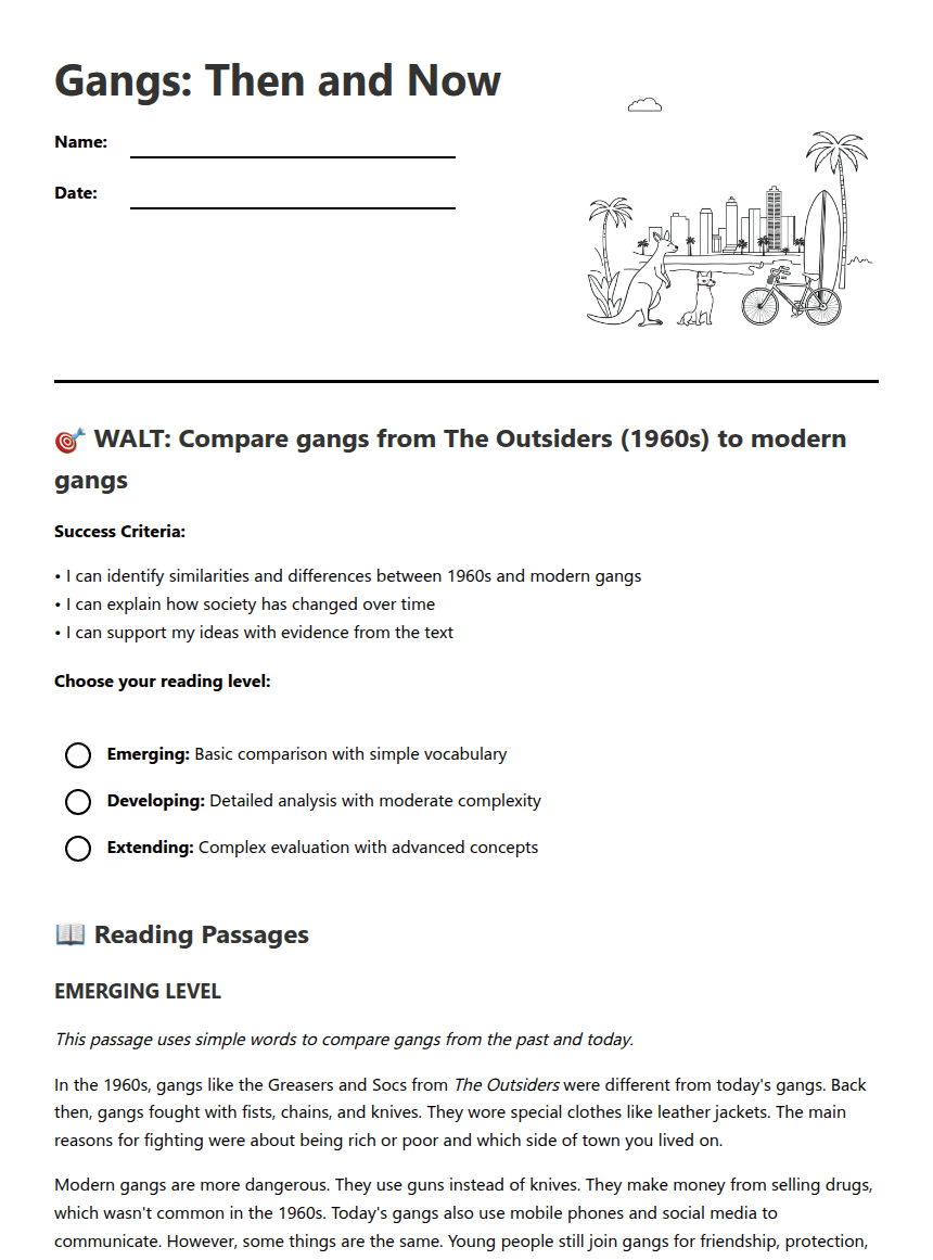 Gangs: Then and Now worksheet preview