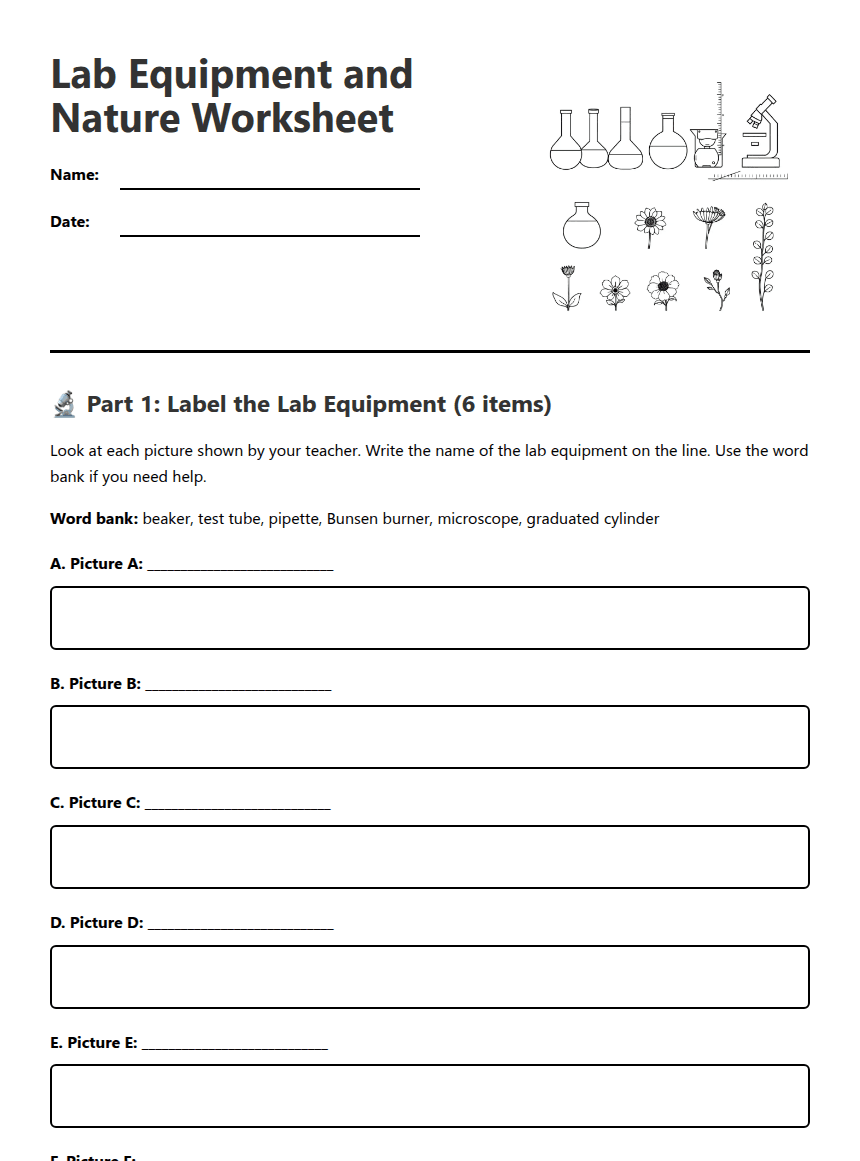 Lab Equipment and Nature Worksheet worksheet preview