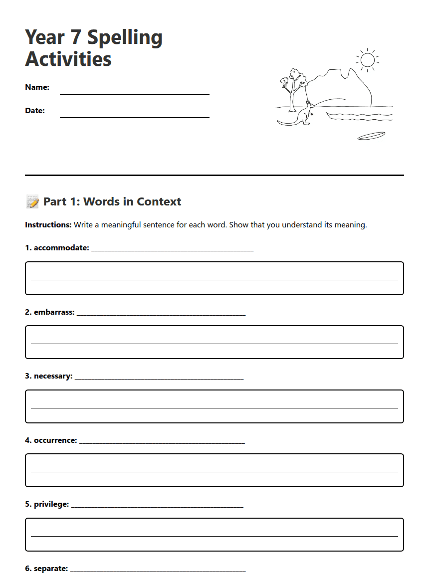 Year 7 Spelling Activities worksheet preview