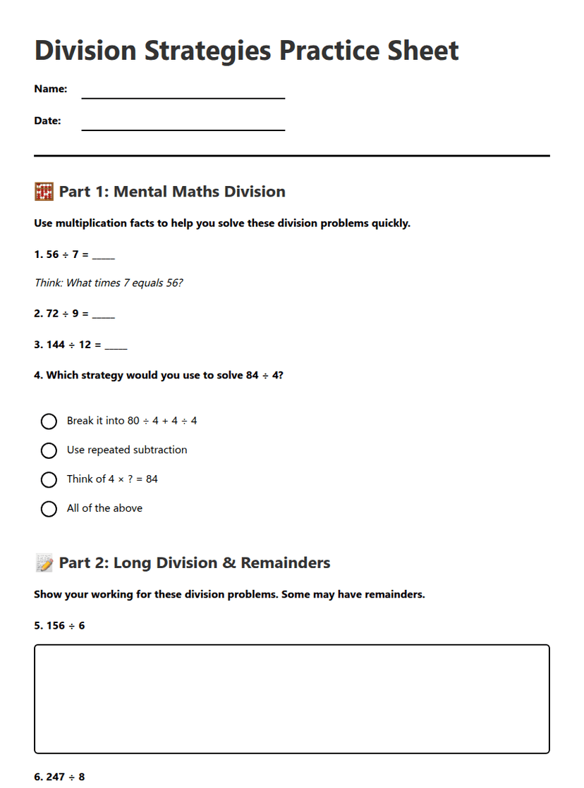 Division Strategies Practice Sheet