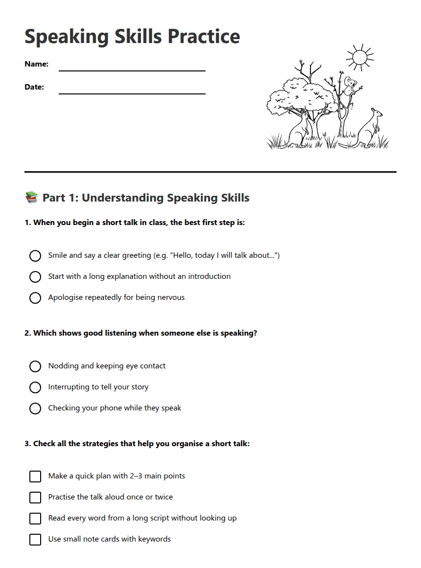 Speaking Skills Practice worksheet preview