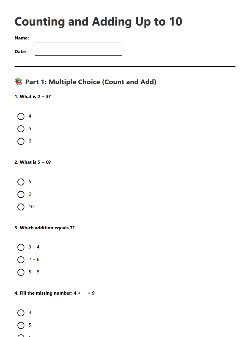 Counting and Adding Up to 10 worksheet preview