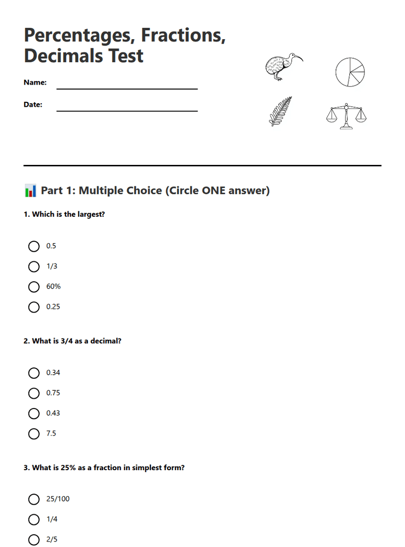 Percentages, Fractions, Decimals Test