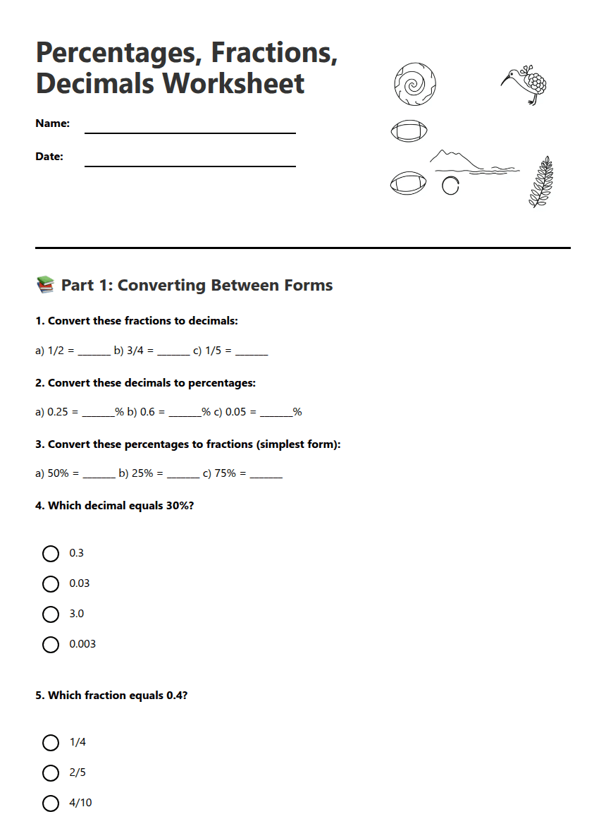 Percentages, Fractions, Decimals Worksheet worksheet preview