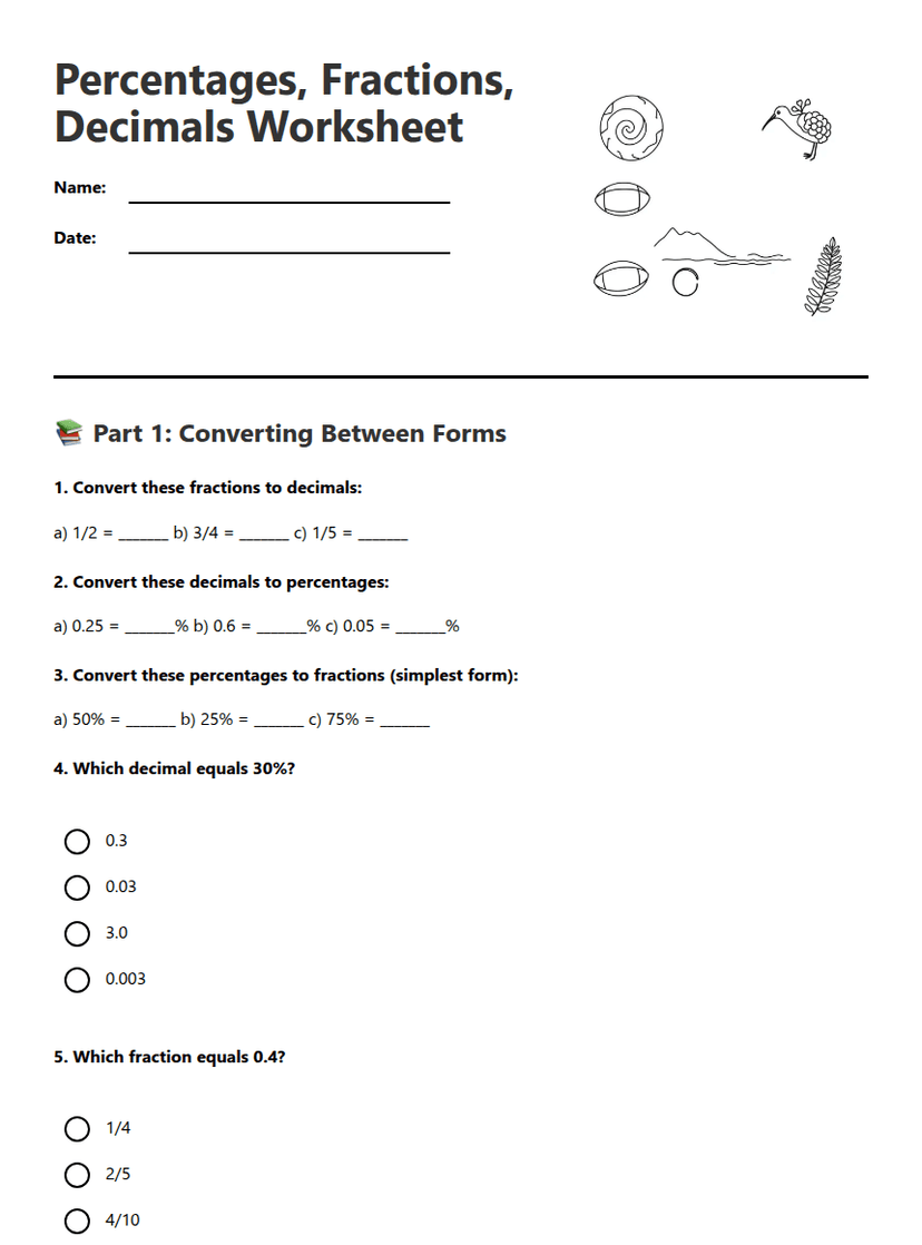 Percentages, Fractions, Decimals Worksheet