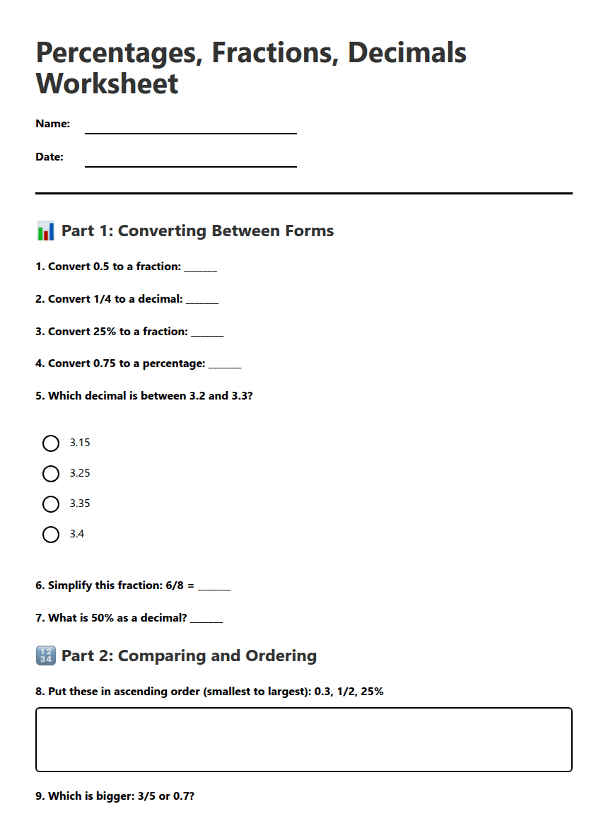 Percentages, Fractions, Decimals Worksheet worksheet preview