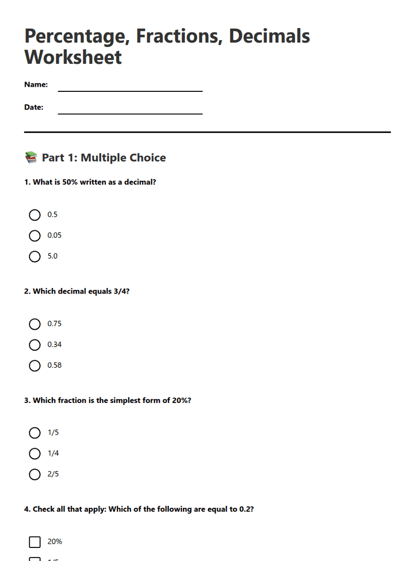 Percentage, Fractions, Decimals Worksheet