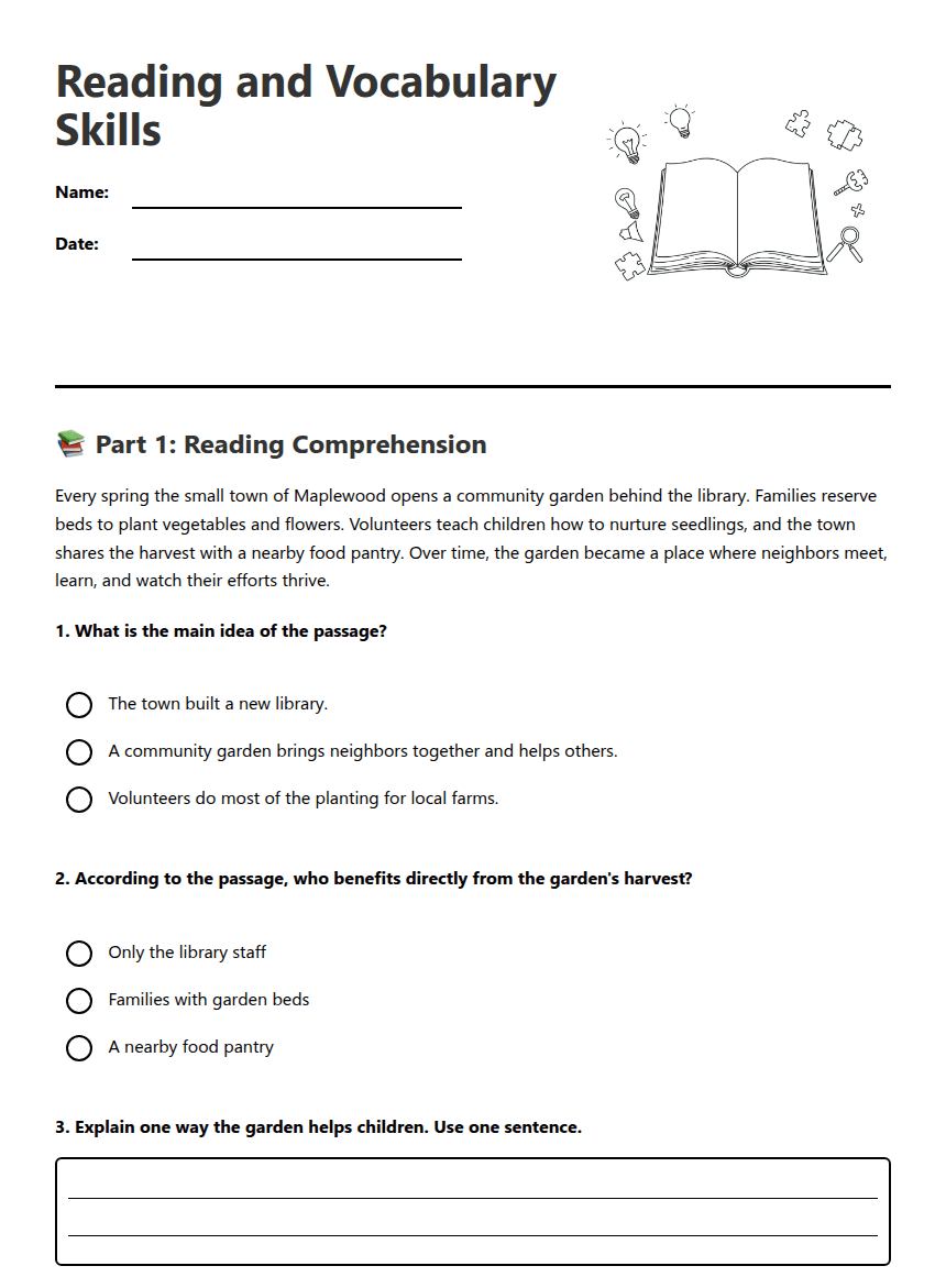 Reading and Vocabulary Skills worksheet preview