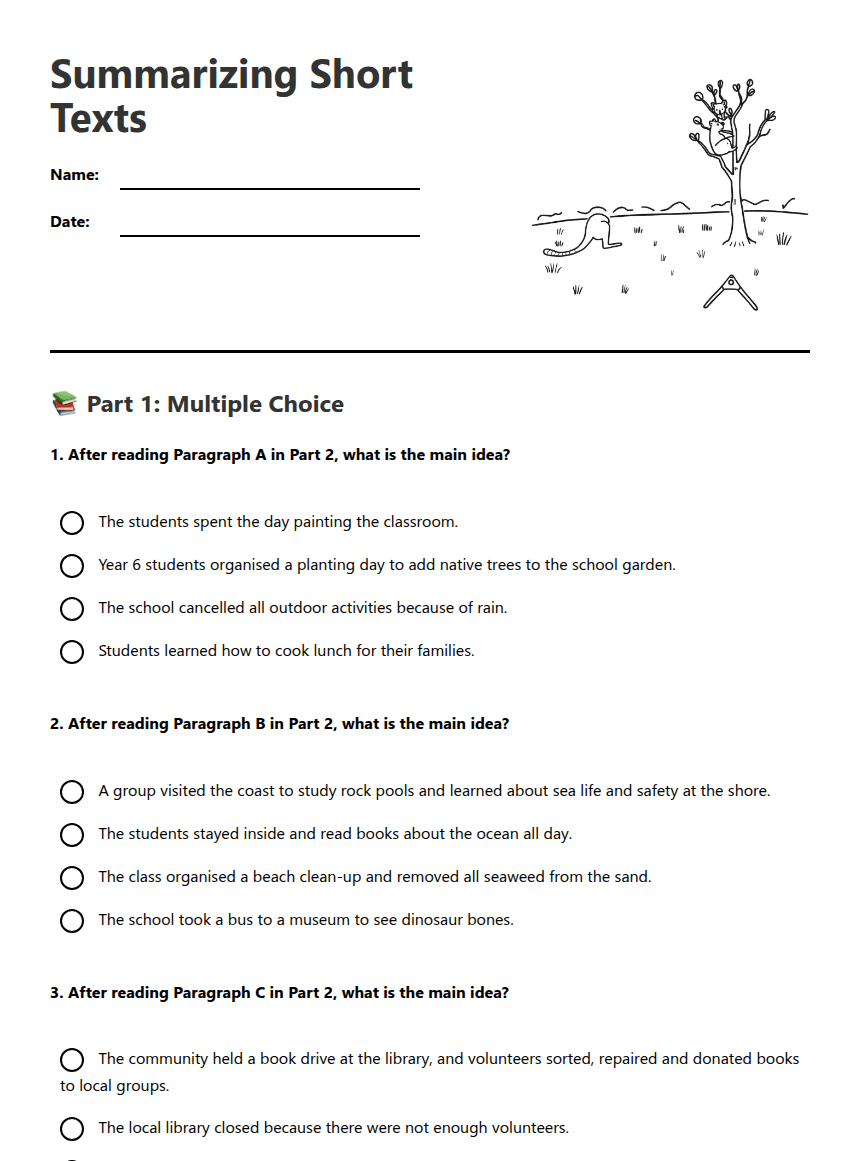 Summarizing Short Texts worksheet preview