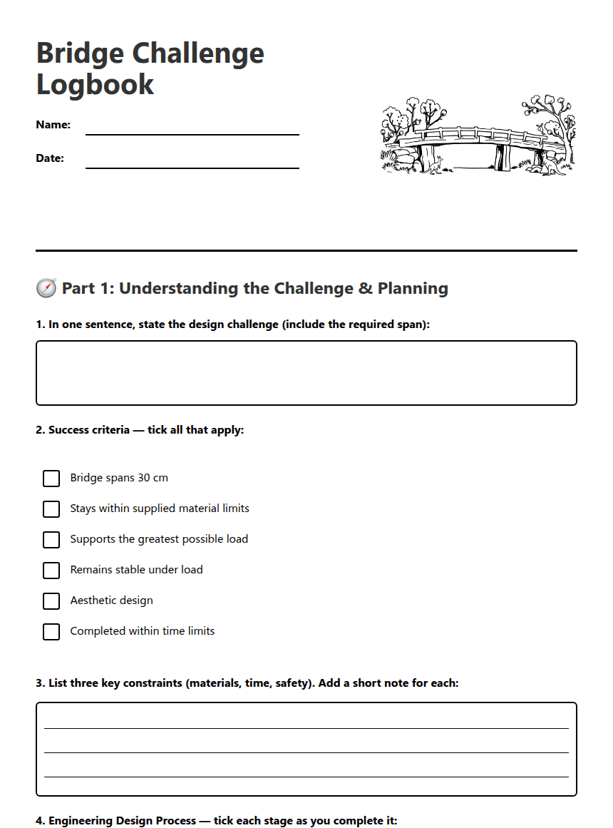 Bridge Challenge Logbook worksheet preview