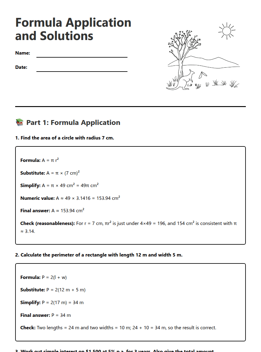 Formula Application and Solutions worksheet preview