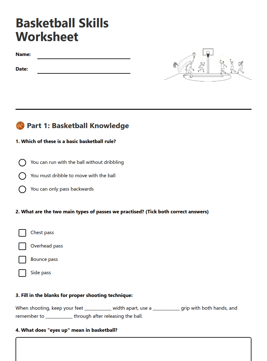 Basketball Skills Worksheet worksheet preview