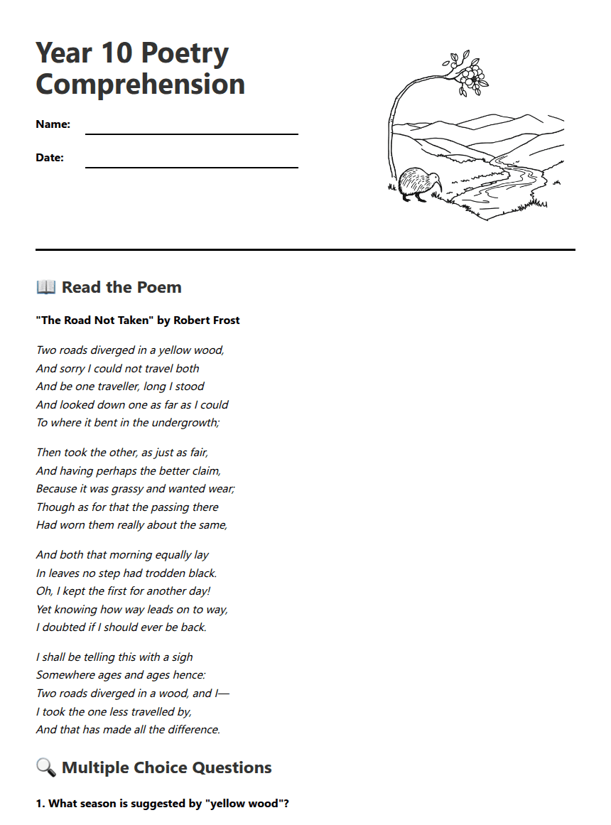 Year 10 Poetry Comprehension worksheet preview