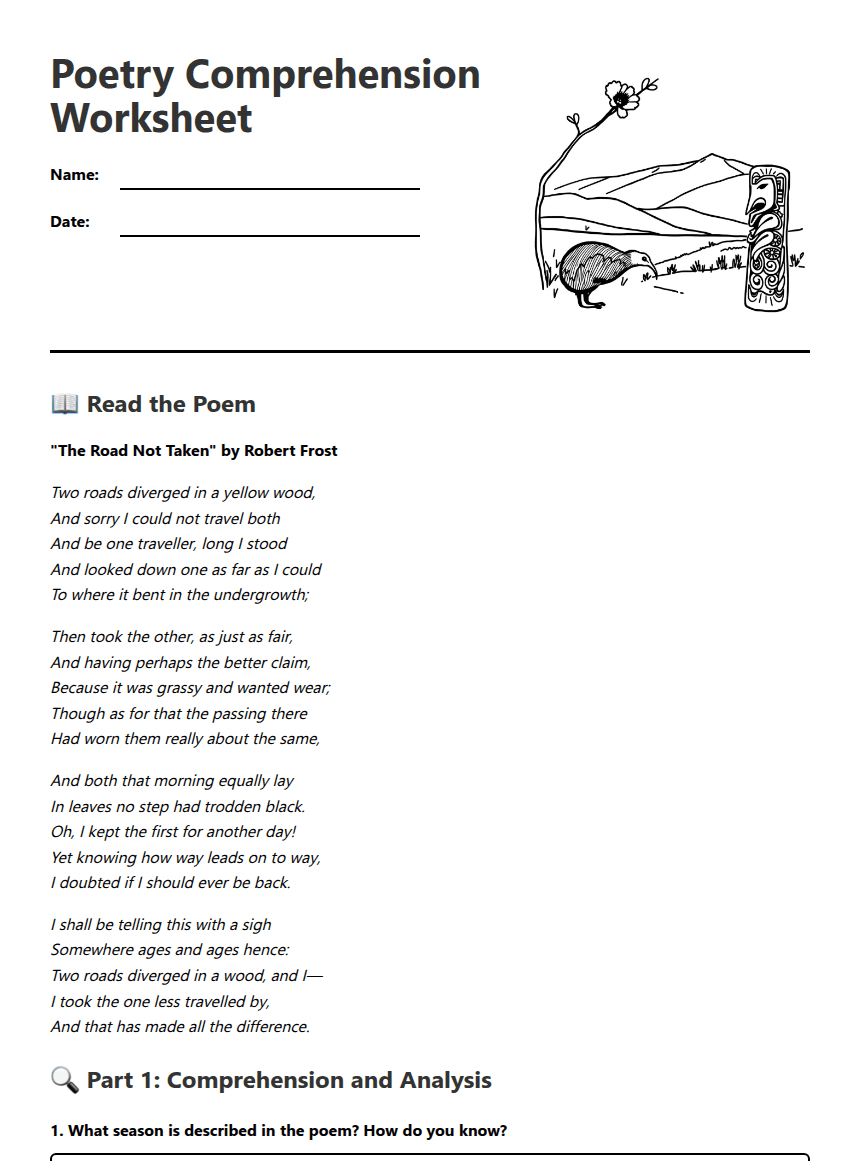 Poetry Comprehension Worksheet worksheet preview