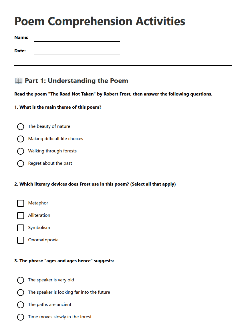 Poem Comprehension Activities worksheet preview