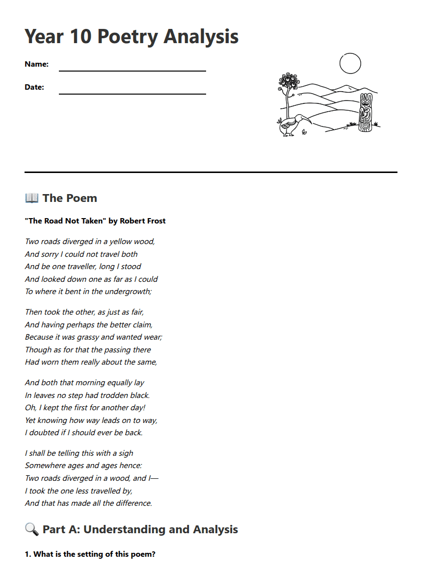 Year 10 Poetry Analysis worksheet preview