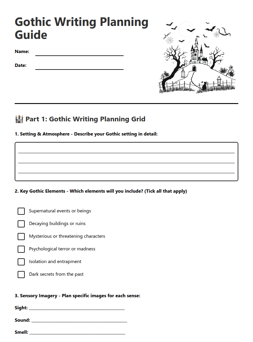 Gothic Writing Planning Guide worksheet preview